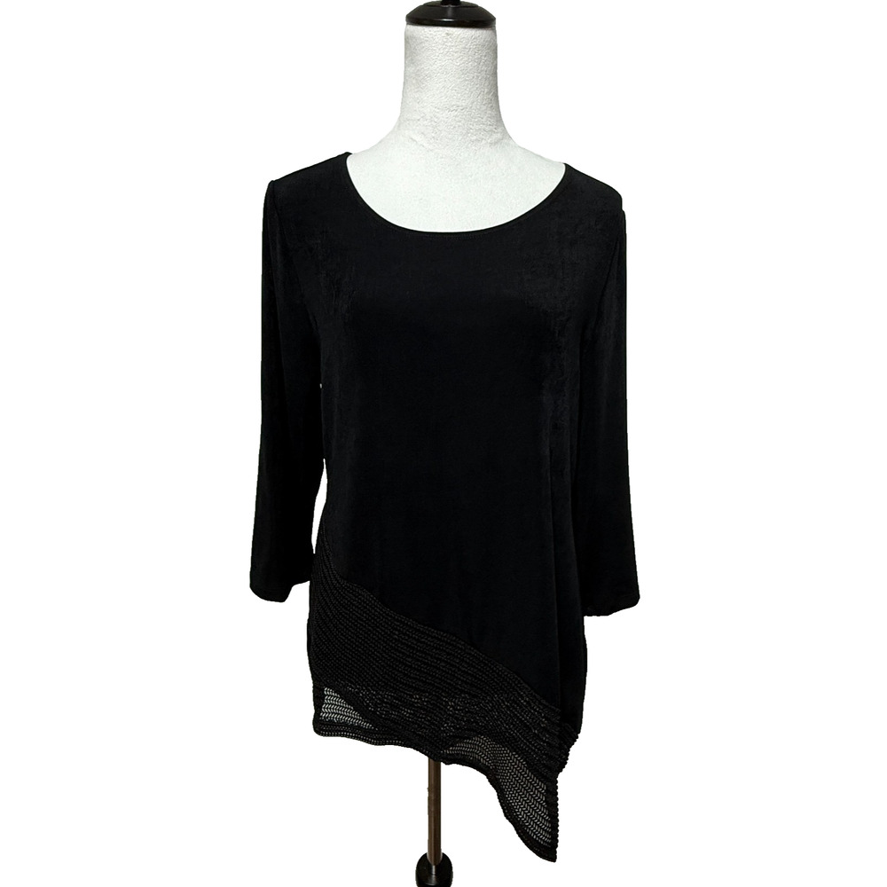 Chicos Travelers Top Medium 1 Black Slinky Mesh Asymmetrical Hem Stretch Tunic